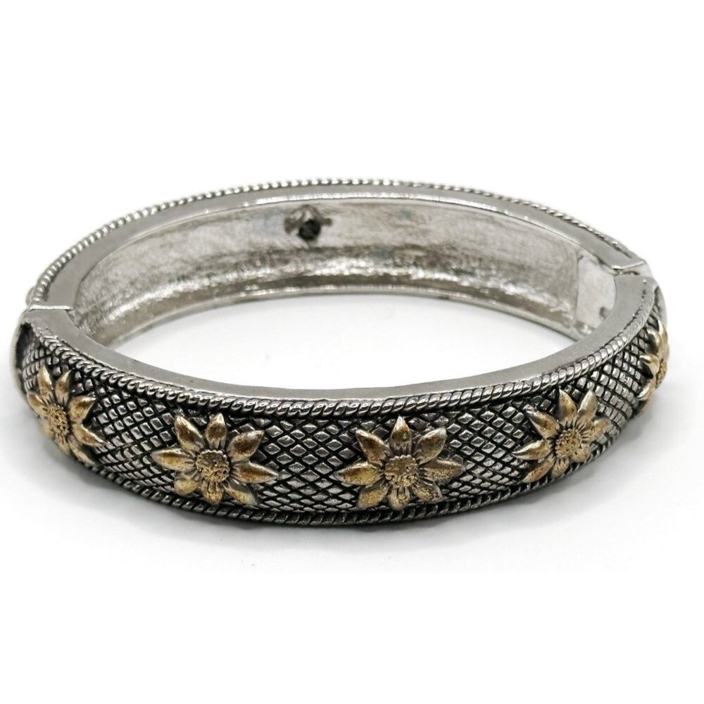JC Marked Heavy Gold And Silver Tone Sun Flower Oval Hinge Cuff 7" Bracelet‎